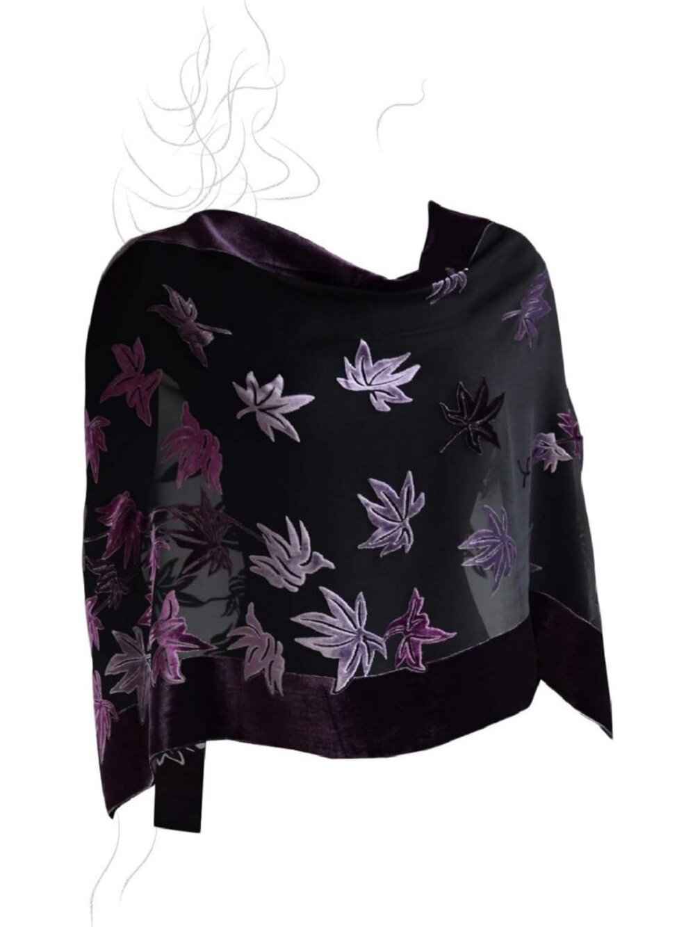Luxurious Silk Burnout Velvet Shawl, 72" L x 21" W, Maple Leaf Design, Purple